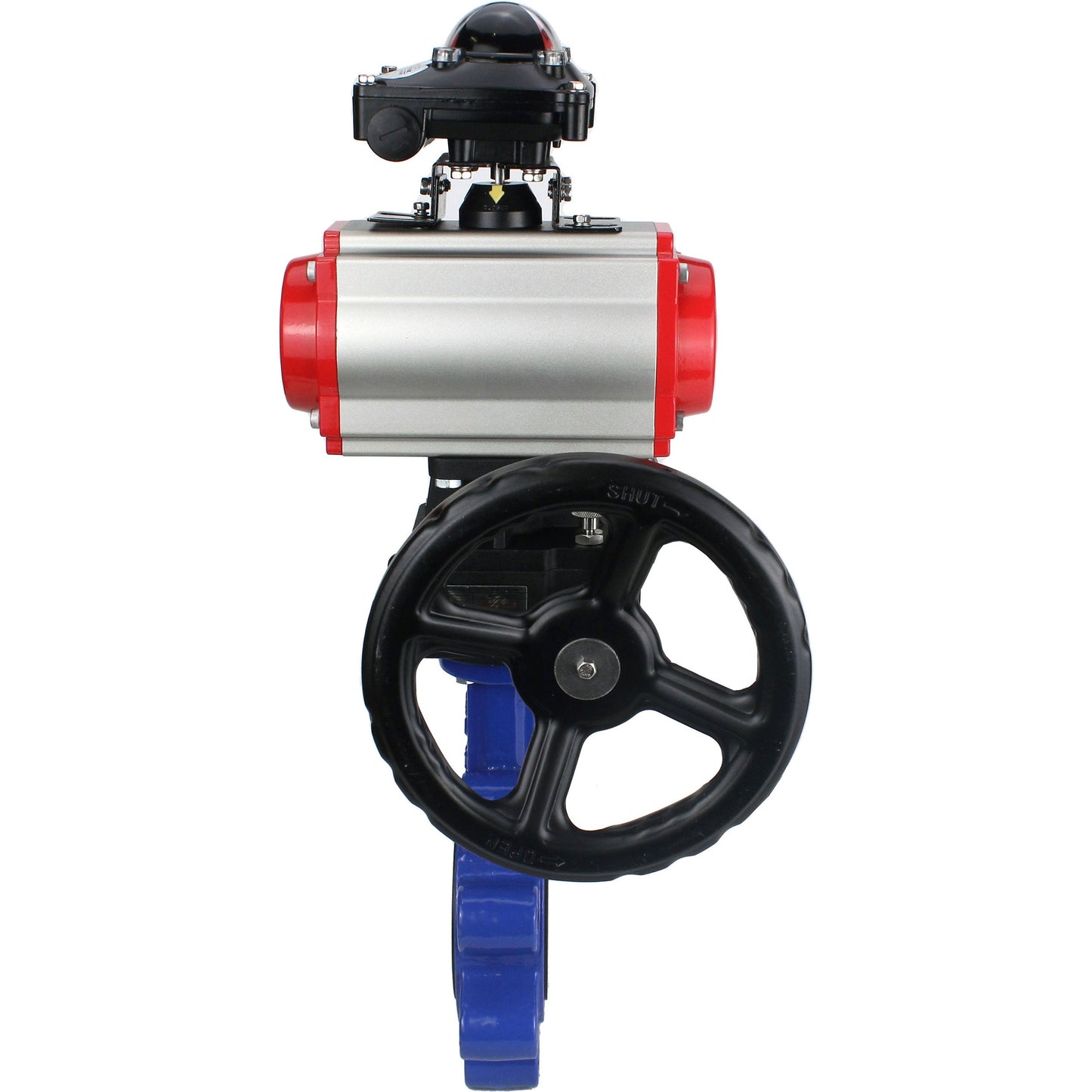 Válvula de mariposa de agua DNOVA WBV1631N-2W-Fb-H, material del cuerpo - fundición gris QT450, material del disco - acero inoxidable AISI 304, sello - NBR, actuador neumático PA-DA doble acción, 4M310-08 220V, LSU APL-210N, volante MON