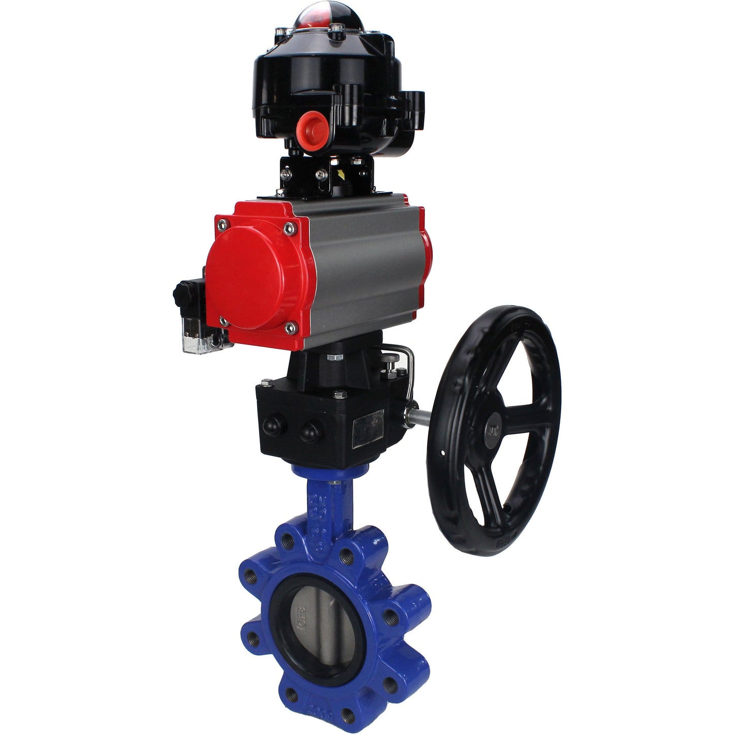 Válvula de mariposa de agua DNOVA WBV1631N-2W-Fb-H, material del cuerpo - fundición gris QT450, material del disco - acero inoxidable AISI 304, sello - NBR, actuador neumático PA-DA doble acción, 4M310-08 24V, LSU APL-510N EX, volante MON