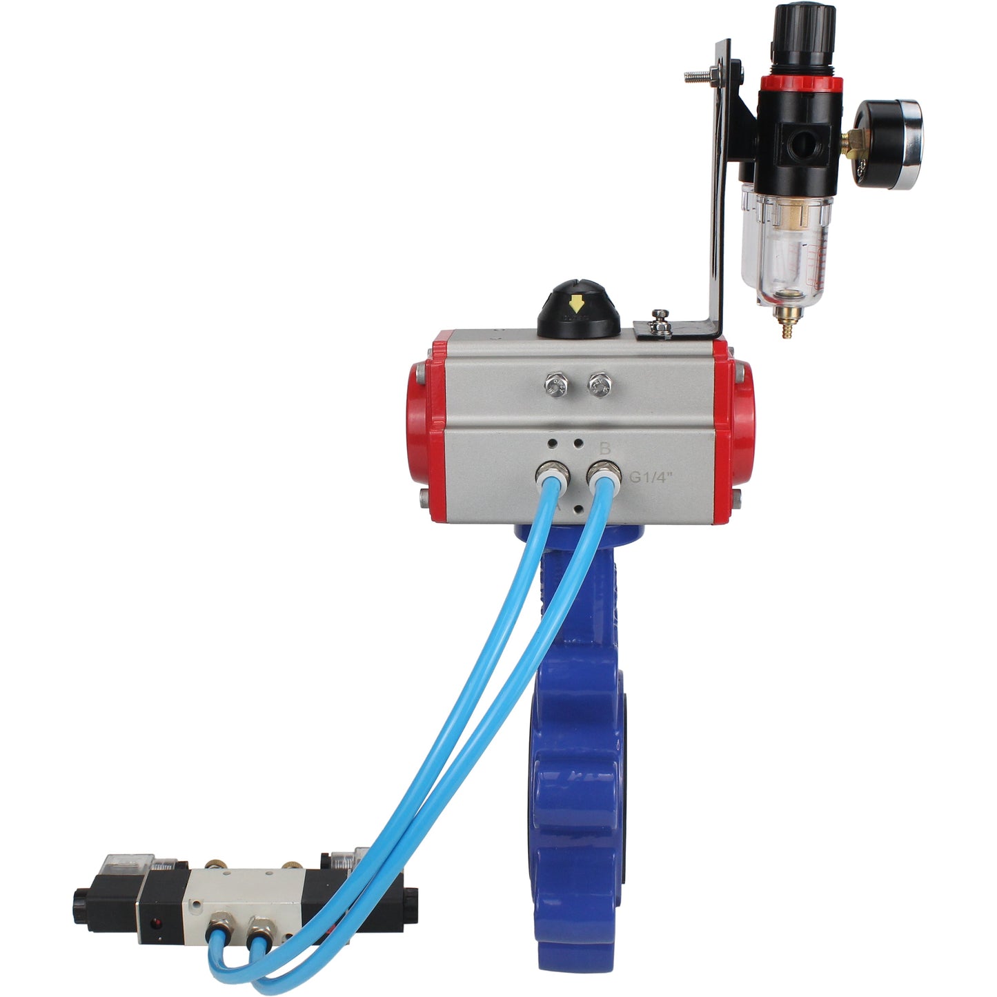 Válvula de mariposa de agua DNOVA WBV1631E-2W-Fb-H, material del cuerpo: fundición gris QT450, material del disco: acero inoxidable AISI 304, junta: EPDM, actuador neumático PA-SA con resortes de retorno, 4V320-08 220V ATU AFC2000