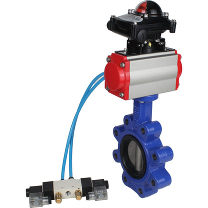 Válvula de mariposa de agua DNOVA WBV1631N-2W-Fb-H, material del cuerpo: fundición gris QT450, material del disco: acero inoxidable AISI 304, junta: NBR, actuador neumático PA-SA con resortes de retorno, 4V320-08 220V, LSU APL-210N