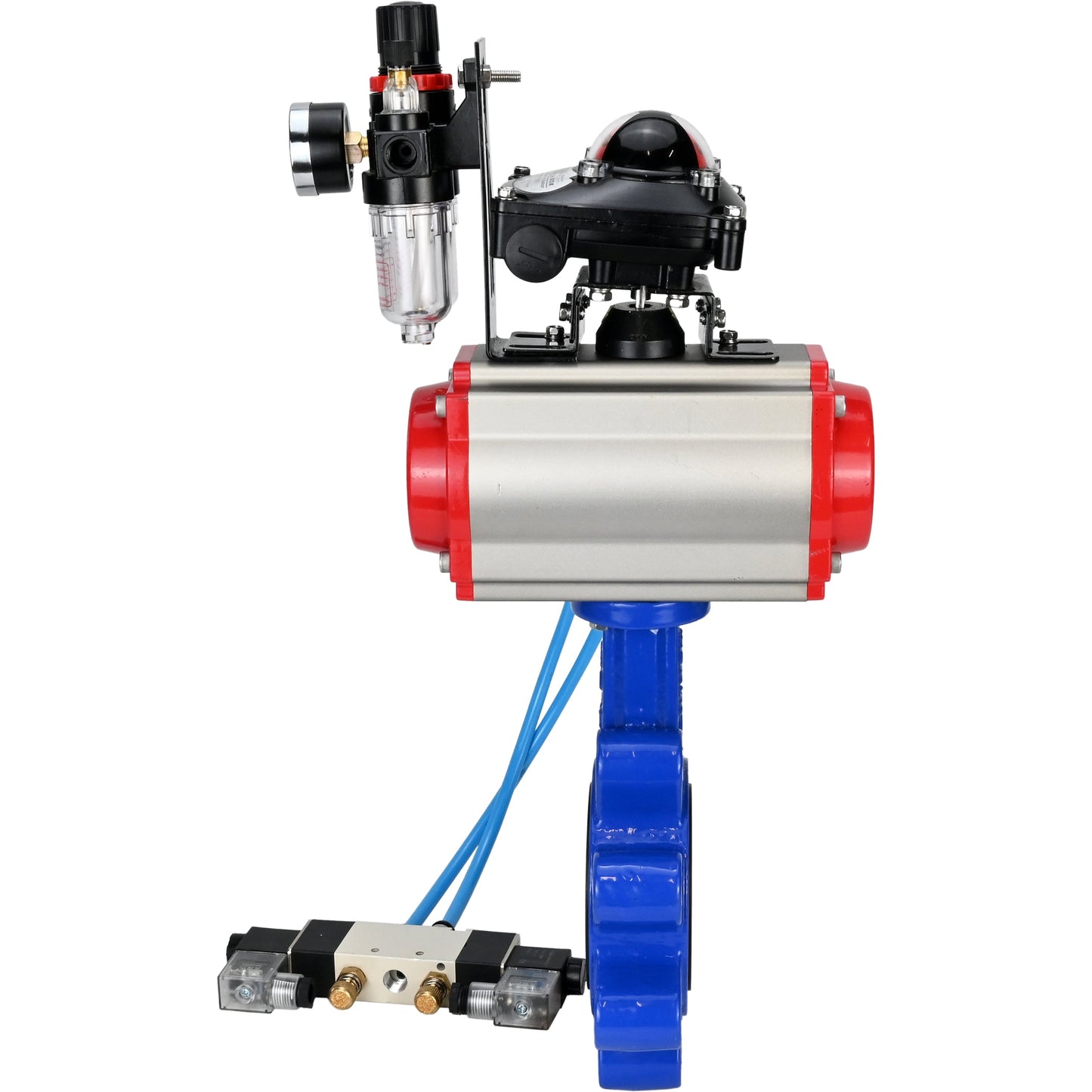 Válvula de mariposa de agua DNOVA WBV1631N-2W-Fb-H, material del cuerpo: fundición gris QT450, material del disco: acero inoxidable AISI 304, sello: NBR, actuador neumático PA-DA de doble acción, 4V320-08 220V, LSU APL-210N, ATU AFC2000