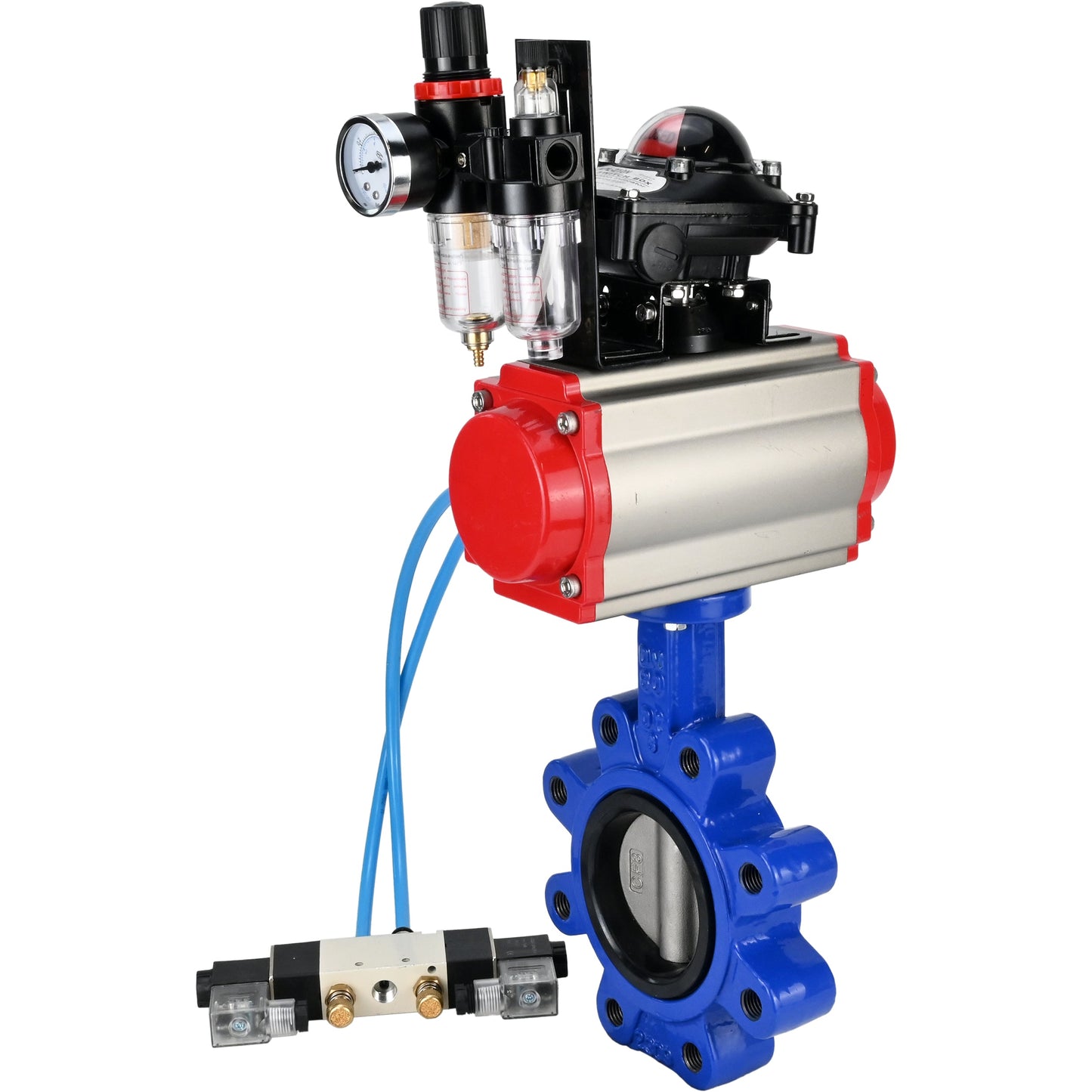 Válvula de mariposa de agua DNOVA WBV1631E-2W-Fb-H, material del cuerpo: fundición gris QT450, material del disco: acero inoxidable AISI 304, junta: EPDM, actuador neumático PA-SA con resortes de retorno, 4V320-10 220V, LSU APL-210N, ATU AFC2000