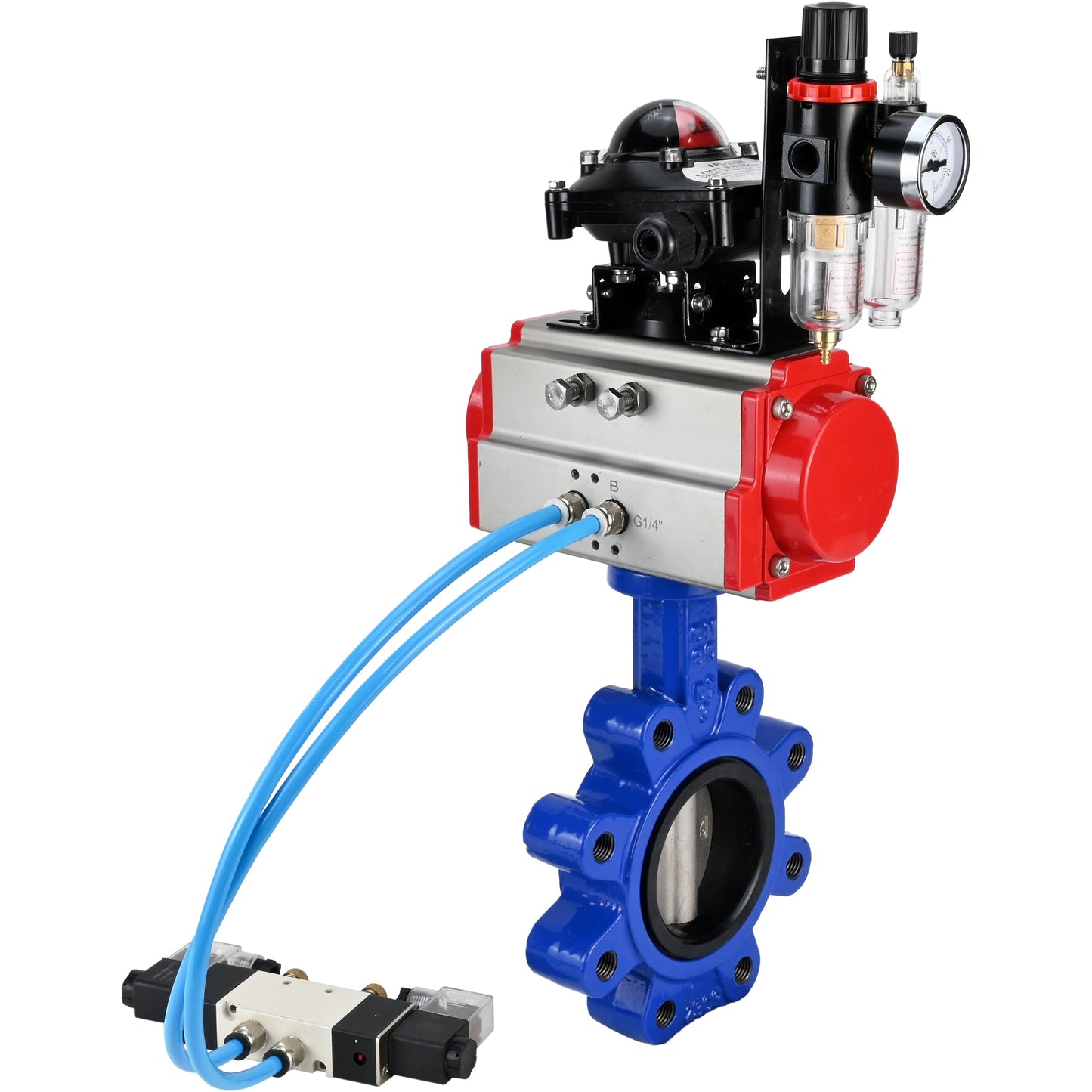 Válvula de mariposa de agua DNOVA WBV1631E-2W-Fb-H, material del cuerpo: fundición gris QT450, material del disco: acero inoxidable AISI 304, junta: EPDM, actuador neumático PA-DA de doble acción, 4V320-08 220 V, LSU APL-210N, ATU AFC2000