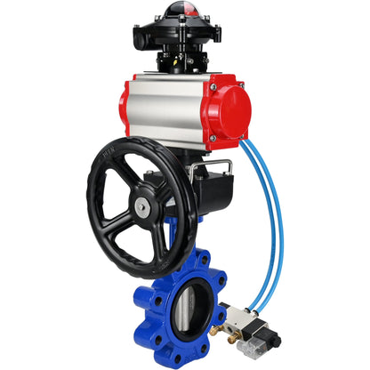 Válvula de mariposa de agua DNOVA WBV1631E-2W-Fb-H, material del cuerpo - fundición gris QT450, material del disco - acero inoxidable AISI 304, junta - EPDM, actuador neumático PA-DA doble acción, 4V320-08 220V, LSU APL-210N, volante MON