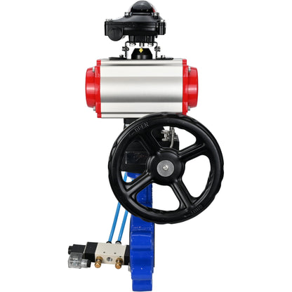 Válvula de mariposa de agua DNOVA WBV1631E-2W-Fb-H, material del cuerpo - fundición gris QT450, material del disco - acero inoxidable AISI 304, junta - EPDM, actuador neumático PA-DA doble acción, 4V320-08 220V, LSU APL-210N, volante MON