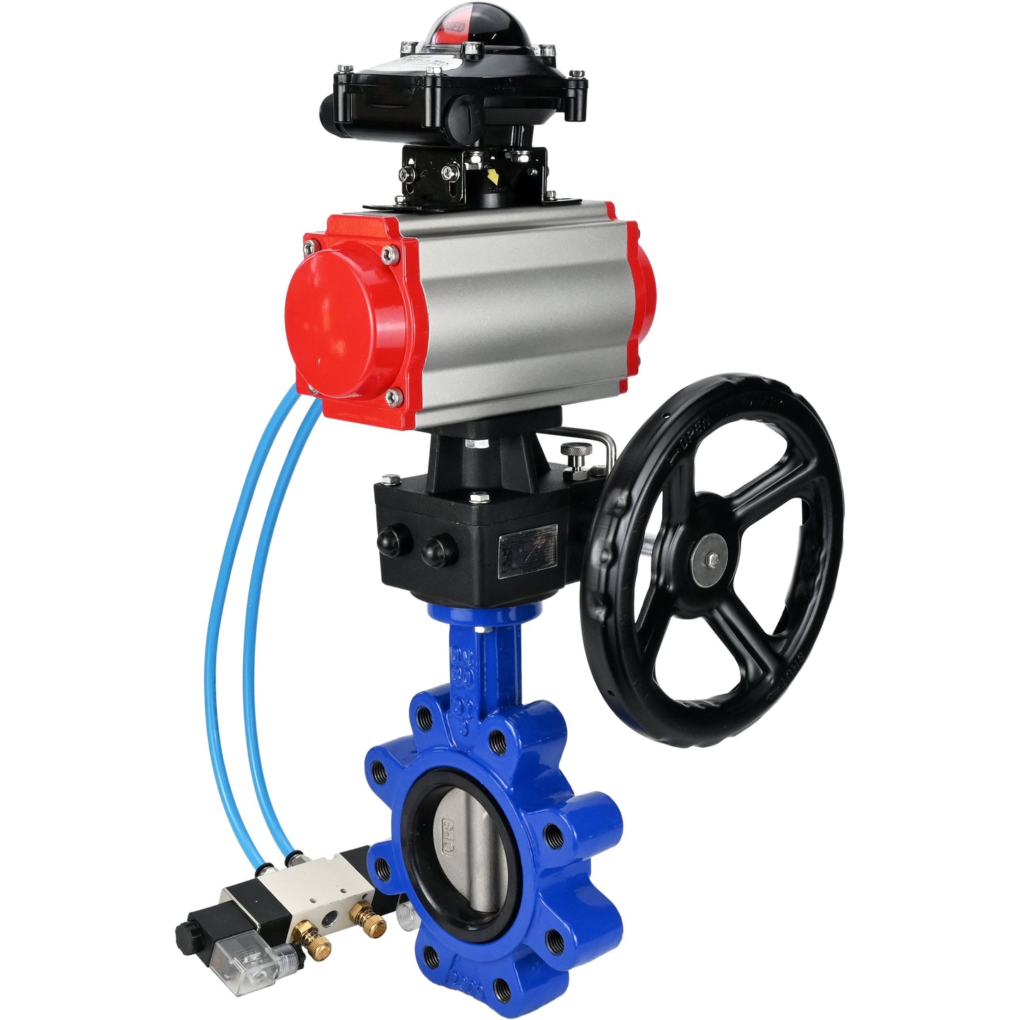 Válvula de mariposa de agua DNOVA WBV1631N-2W-Fb-H, material del cuerpo - fundición gris QT450, material del disco - acero inoxidable AISI 304, sello - NBR, actuador neumático PA-DA doble acción, 4V320-08 220V, LSU APL-210N, volante MON