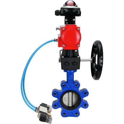 Válvula de mariposa de agua DNOVA WBV1631E-2W-Fb-H, material del cuerpo - fundición gris QT450, material del disco - acero inoxidable AISI 304, junta - EPDM, actuador neumático PA-DA doble acción, 4V320-10 220V, LSU APL-210N, volante MON