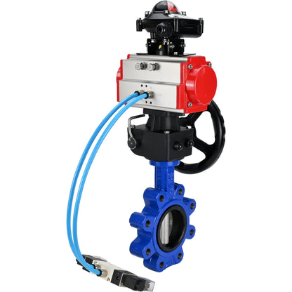 Válvula de mariposa de agua DNOVA WBV1631E-2W-Fb-H, material del cuerpo - fundición gris QT450, material del disco - acero inoxidable AISI 304, junta - EPDM, actuador neumático PA-DA doble acción, 4V320-08 220V, LSU APL-210N, volante MON