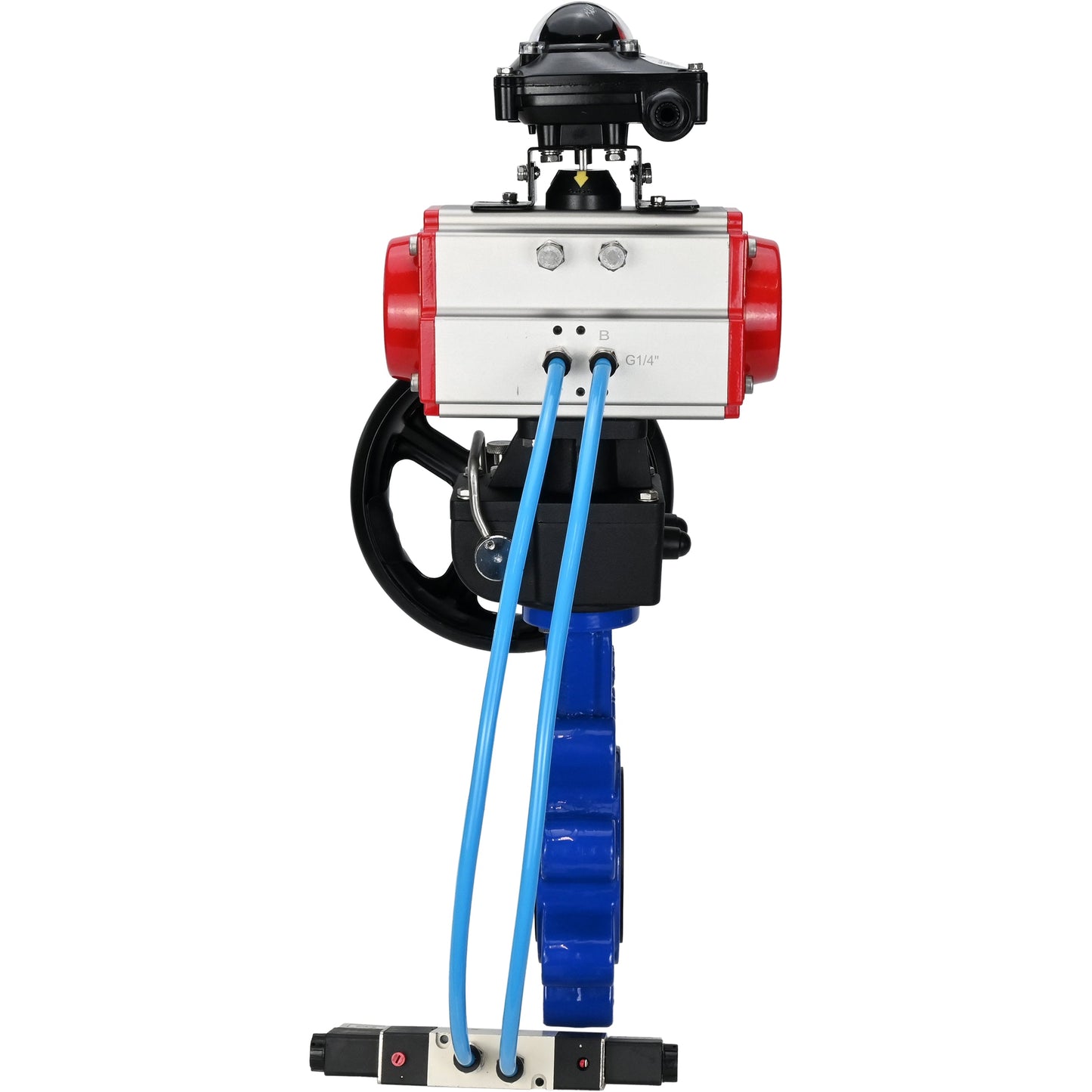 Válvula de mariposa de agua DNOVA WBV1631N-2W-Fb-H, material del cuerpo - fundición gris QT450, material del disco - acero inoxidable AISI 304, sello - NBR, actuador neumático PA-DA doble acción, 4V320-08 220V, LSU APL-210N, volante MON