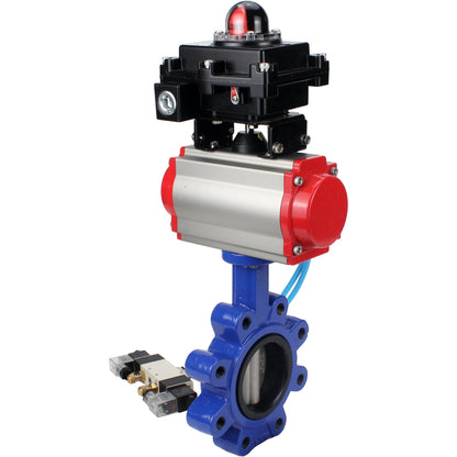 Válvula de mariposa de agua DNOVA WBV1631N-2W-Fb-H, material del cuerpo - fundición gris QT450, material del disco - acero inoxidable AISI 304, sello - NBR, actuador neumático PA-DA doble acción, 4V320-10 220V, LSU APL-410N EX
