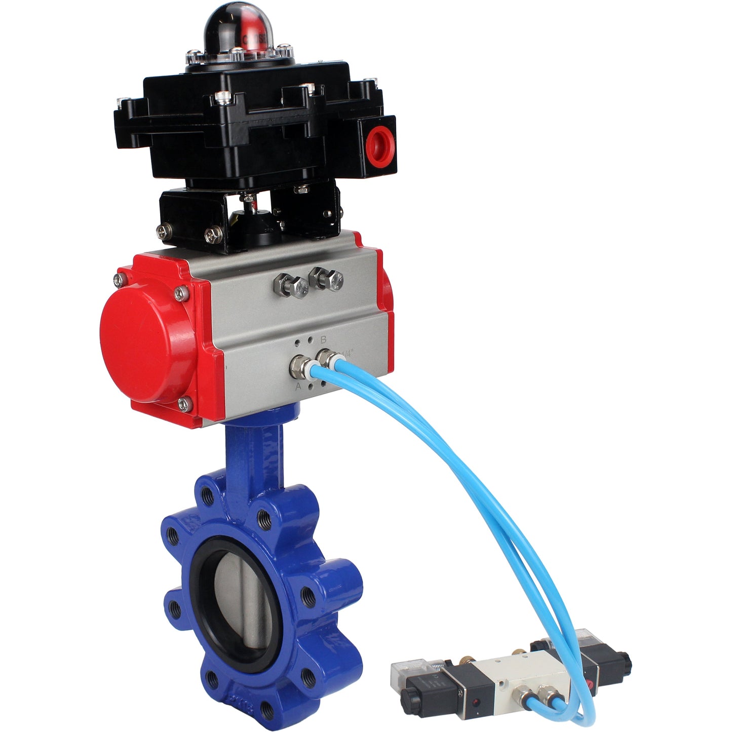 Válvula de mariposa de agua DNOVA WBV1631E-2W-Fb-H, material del cuerpo - fundición gris QT450, material del disco - acero inoxidable AISI 304, junta - EPDM, actuador neumático PA-DA doble acción, 4V320-10 220V, LSU APL-410N EX