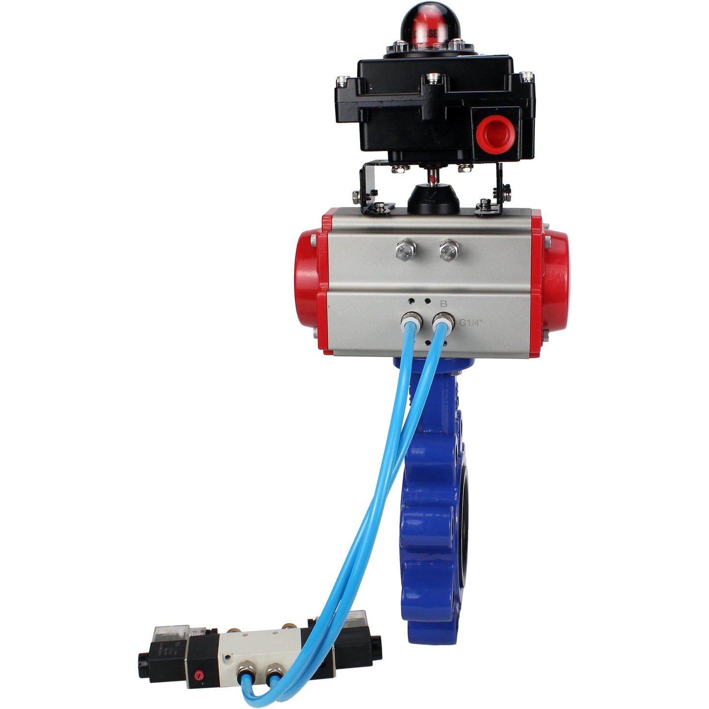 Válvula de mariposa de agua DNOVA WBV1631E-2W-Fb-H, material del cuerpo - fundición gris QT450, material del disco - acero inoxidable AISI 304, junta - EPDM, actuador neumático PA-DA doble acción, 4V320-10 220V, LSU APL-410N EX