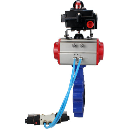 Válvula de mariposa de agua DNOVA WBV1631E-2W-Fb-H, material del cuerpo - fundición gris QT450, material del disco - acero inoxidable AISI 304, junta - EPDM, actuador neumático PA-DA doble acción, 4V320-10 220V, LSU APL-410N EX