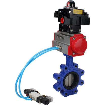 Válvula de mariposa de agua DNOVA WBV1631N-2W-Fb-H, material del cuerpo - fundición gris QT450, material del disco - acero inoxidable AISI 304, sello - NBR, actuador neumático PA-DA doble acción, 4V320-10 220V, LSU APL-410N EX