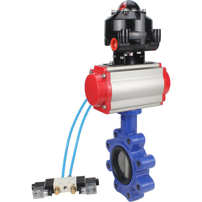 Válvula de mariposa de agua DNOVA WBV1631N-2W-Fb-H, material del cuerpo - fundición gris QT450, material del disco - acero inoxidable AISI 304, sello - NBR, actuador neumático PA-DA doble acción, 4V320-10 220V, LSU APL-510N EX