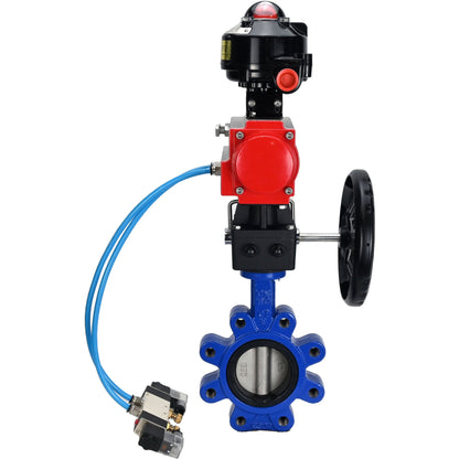 Válvula de mariposa de agua DNOVA WBV1631E-2W-Fb-H, material del cuerpo - fundición gris QT450, material del disco - acero inoxidable AISI 304, junta - EPDM, actuador neumático PA-DA doble acción, 4V320-08 220V, LSU APL-510N EX, volante MON