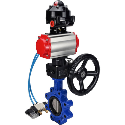 Válvula de mariposa de agua DNOVA WBV1631E-2W-Fb-H, material del cuerpo - fundición gris QT450, material del disco - acero inoxidable AISI 304, junta - EPDM, actuador neumático PA-DA doble acción, 4V320-08 220V, LSU APL-510N EX, volante MON