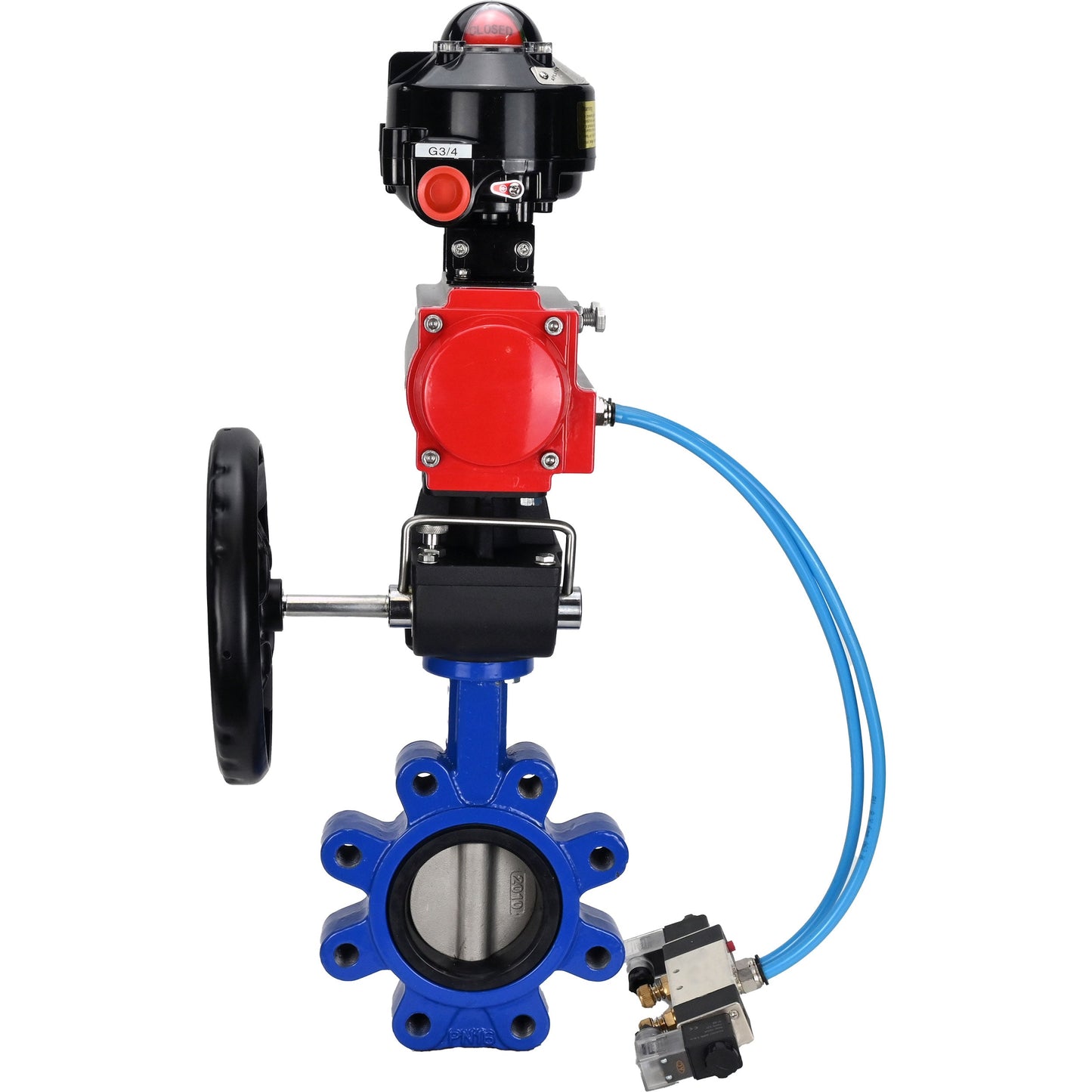 Válvula de mariposa de agua DNOVA WBV1631E-2W-Fb-H, material del cuerpo - fundición gris QT450, material del disco - acero inoxidable AISI 304, junta - EPDM, actuador neumático PA-DA doble acción, 4V320-08 220V, LSU APL-510N EX, volante MON