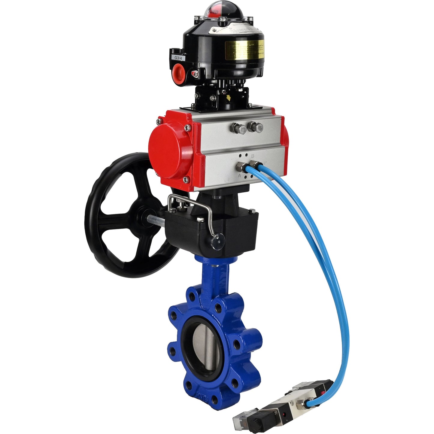 Válvula de mariposa de agua DNOVA WBV1631N-2W-Fb-H, material del cuerpo - fundición gris QT450, material del disco - acero inoxidable AISI 304, sello - NBR, actuador neumático PA-DA doble acción, 4V320-10 220V, LSU APL-510N EX, volante MON