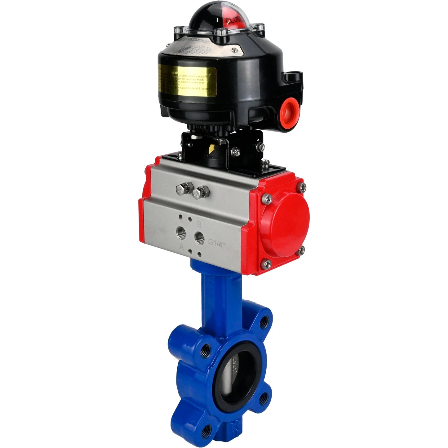 Válvula de mariposa de agua DNOVA WBV1631E-2W-Fb-H, material del cuerpo: fundición gris QT450, material del disco: acero inoxidable AISI 304, junta: EPDM, actuador neumático PA-SA con resortes de retorno, LSU APL-510N EX