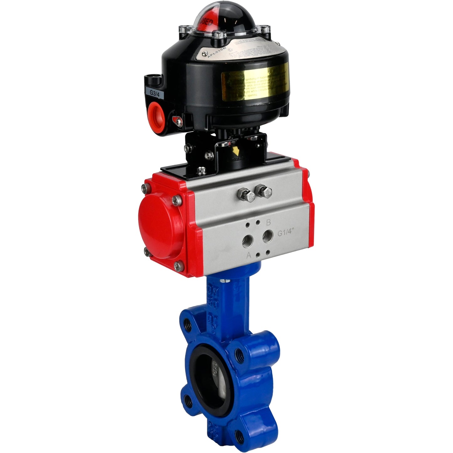 Válvula de mariposa de agua DNOVA WBV1631N-2W-Fb-H, material del cuerpo - fundición QT450, material del disco - acero inoxidable AISI 304, sello - NBR, actuador neumático PA-SA con resortes de retorno, LSU APL-510N EX