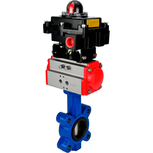 Válvula de mariposa de agua DNOVA WBV1631N-2W-Fb-H, material del cuerpo - fundición gris QT450, material del disco - acero inoxidable AISI 304, sello - NBR, actuador neumático PA-SA con resortes de retorno, LSU APL-410N EX