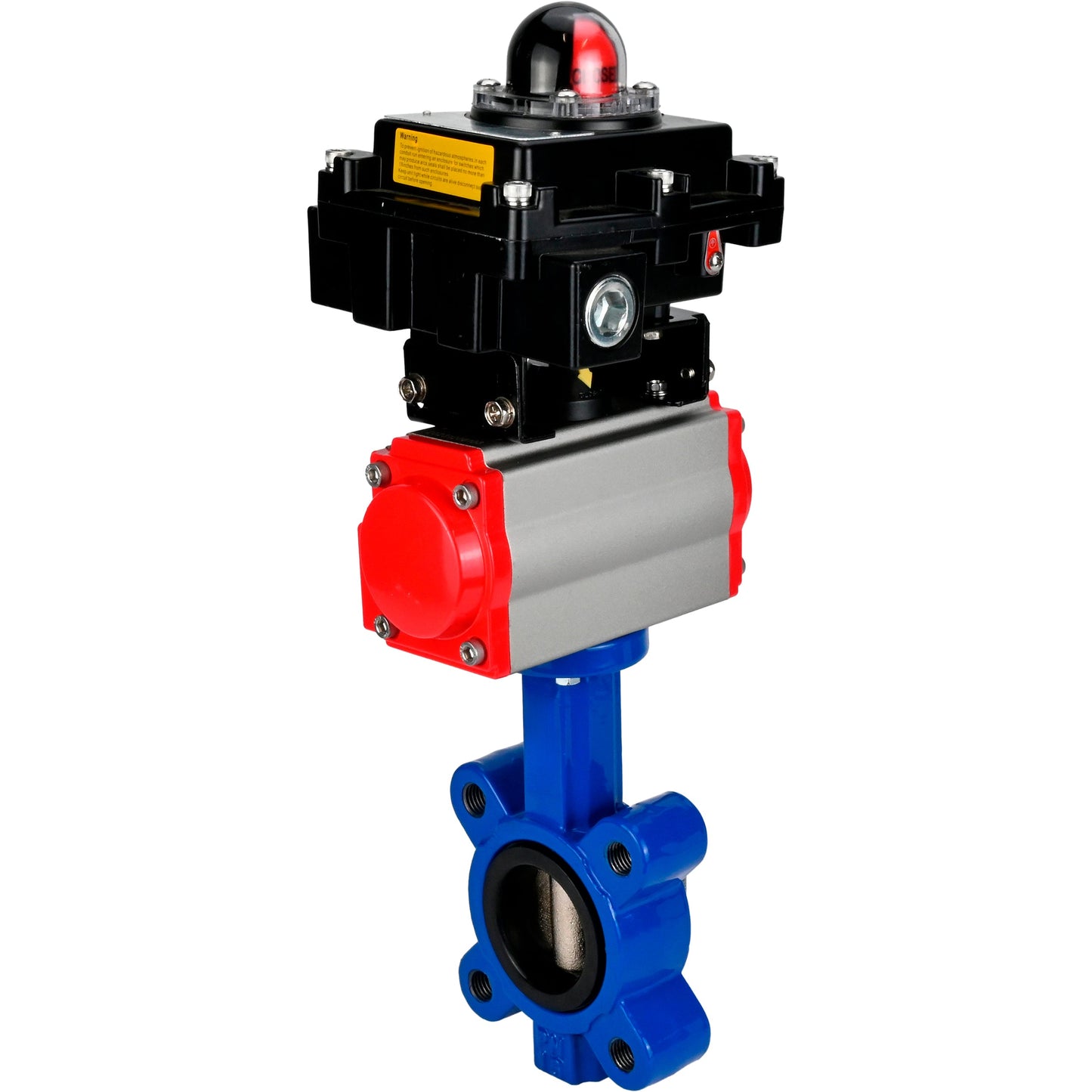 Válvula de mariposa de agua DNOVA WBV1631E-2W-Fb-H, material del cuerpo: fundición gris QT450, material del disco: acero inoxidable AISI 304, junta: EPDM, actuador neumático PA-SA con resortes de retorno, LSU APL-410N EX