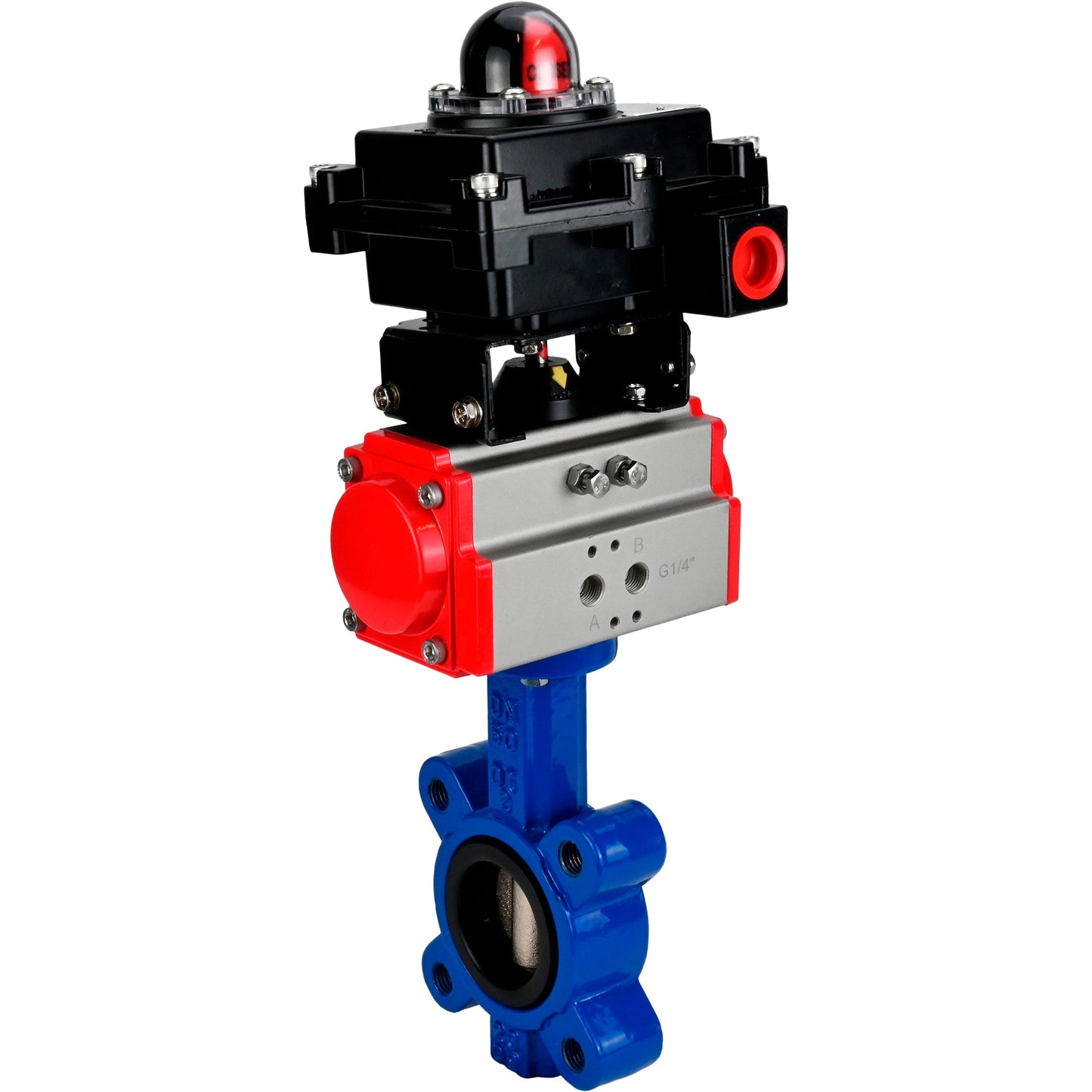 Válvula de mariposa de agua DNOVA WBV1631N-2W-Fb-H, material del cuerpo - fundición gris QT450, material del disco - acero inoxidable AISI 304, sello - NBR, actuador neumático PA-SA con resortes de retorno, LSU APL-410N EX