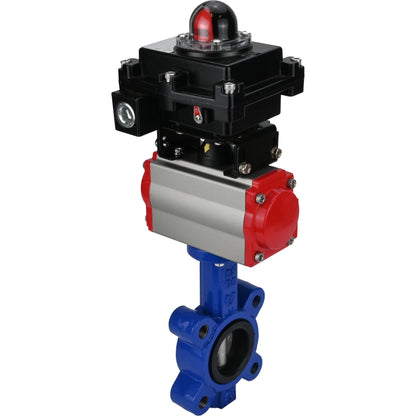 Válvula de mariposa de agua DNOVA WBV1631E-2W-Fb-H, material del cuerpo - fundición QT450, material del disco - acero inoxidable AISI 304, sello - EPDM, actuador neumático PA-DA doble acción, 4M310-08 220V, LSU APL-410N EX