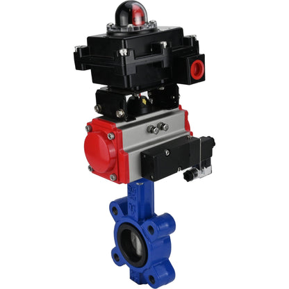 Válvula de mariposa de agua DNOVA WBV1631E-2W-Fb-H, material del cuerpo - fundición gris QT450, material del disco - acero inoxidable AISI 304, junta - EPDM, actuador neumático PA-DA doble acción, 4M310-08 24V, LSU APL-410N EX
