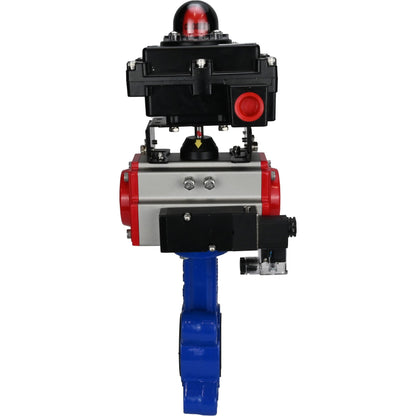 Válvula de mariposa de agua DNOVA WBV1631E-2W-Fb-H, material del cuerpo - fundición QT450, material del disco - acero inoxidable AISI 304, sello - EPDM, actuador neumático PA-DA doble acción, 4M310-08 220V, LSU APL-410N EX
