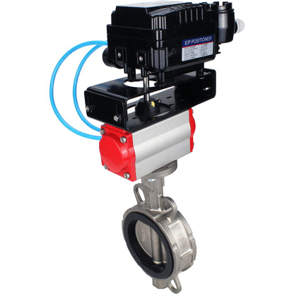 Water Butterfly Valve DNOVA WBV3131V-2W-Fb-H, body material - Stainless steel AISI 304, disk material - Stainless steel AISI 304, seal - Viton, pneumatic actuator PA-SA with return springs, positioner YT-1000RSN without feedback