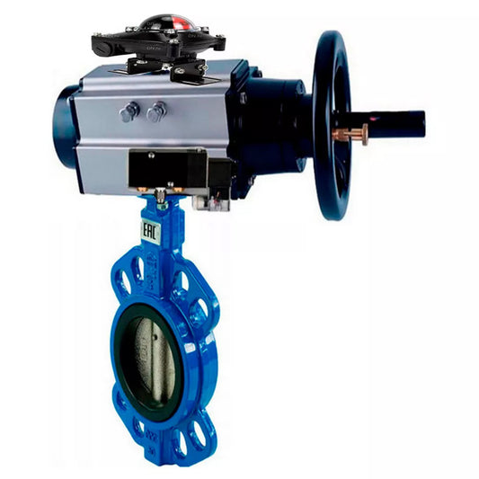 Water Butterfly Valve DNOVA WBV1132N-2W-Fb-H, body material - grey cast iron GG25, disk material - stainless steel AISI 316L, seal - NBR, with pneumatic actuator double action PA-DA-105-1, 4V320-10 220V, LSU APL-510N-EX