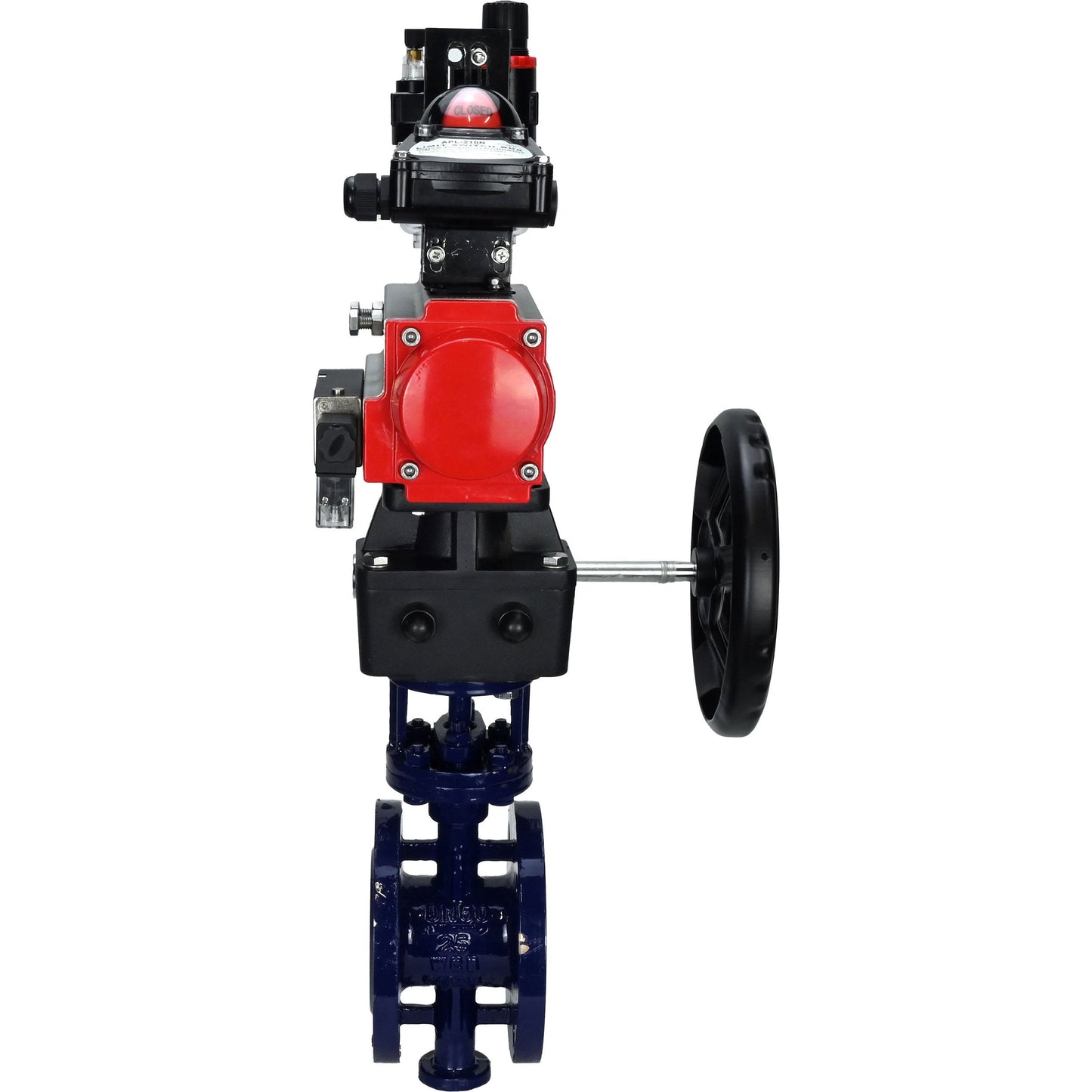Water Butterfly Valve DNOVA WBV3EX-3432M-1W-F-ISO, body material - Carbon steel, disk material - Stainless steel AISI 316, seal - Metal, pneumatic actuator PA-DA double action, 4M310-08 24V, LSU APL-210N, handwheel MON, ATU AFC2000