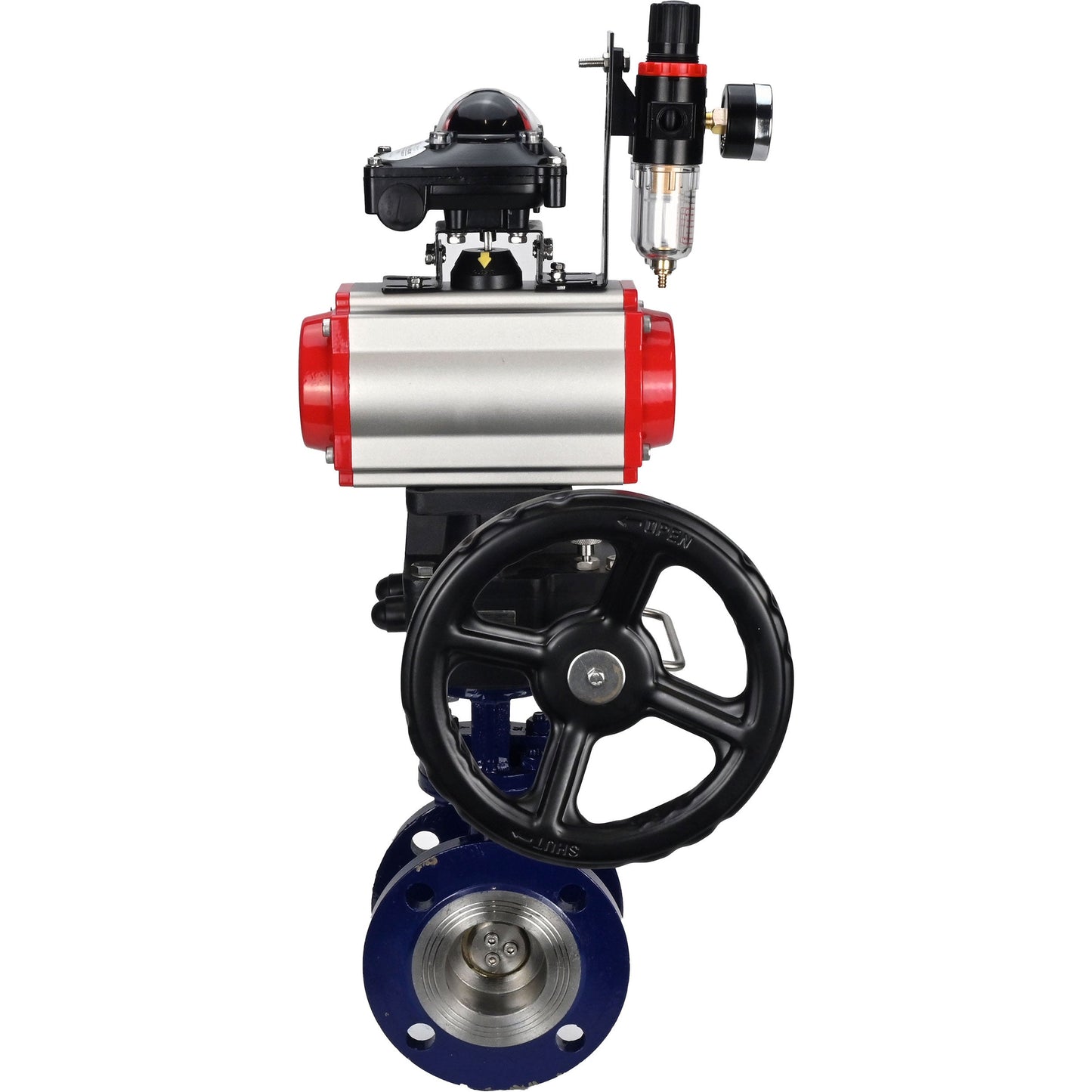 Water Butterfly Valve DNOVA WBV3EX-3432M-1W-F-ISO, body material - Carbon steel, disk material - Stainless steel AISI 316, seal - Metal, pneumatic actuator PA-DA double action, 4M310-08 24V, LSU APL-210N, handwheel MON, ATU AFC2000