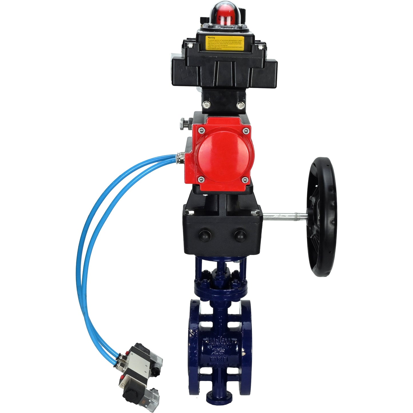 Water Butterfly Valve DNOVA WBV3EX-3432M-1W-F-ISO, body material - Carbon steel, disk material - Stainless steel AISI 316, seal - Metal, pneumatic actuator PA-DA double action, 4V320-08 220V, LSU APL-410N EX, handwheel MON, ATU AFC2000