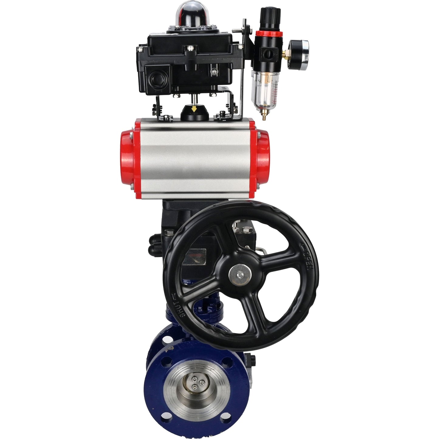 Water Butterfly Valve DNOVA WBV3EX-3432M-1W-F-ISO, body material - Carbon steel, disk material - Stainless steel AISI 316, seal - Metal, pneumatic actuator PA-DA double action, 4V320-08 220V, LSU APL-410N EX, handwheel MON, ATU AFC2000