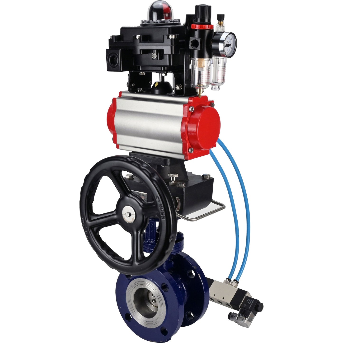Water Butterfly Valve DNOVA WBV3EX-3432M-1W-F-ISO, body material - Carbon steel, disk material - Stainless steel AISI 316, seal - Metal, pneumatic actuator PA-DA double action, 4V320-08 220V, LSU APL-410N EX, handwheel MON, ATU AFC2000