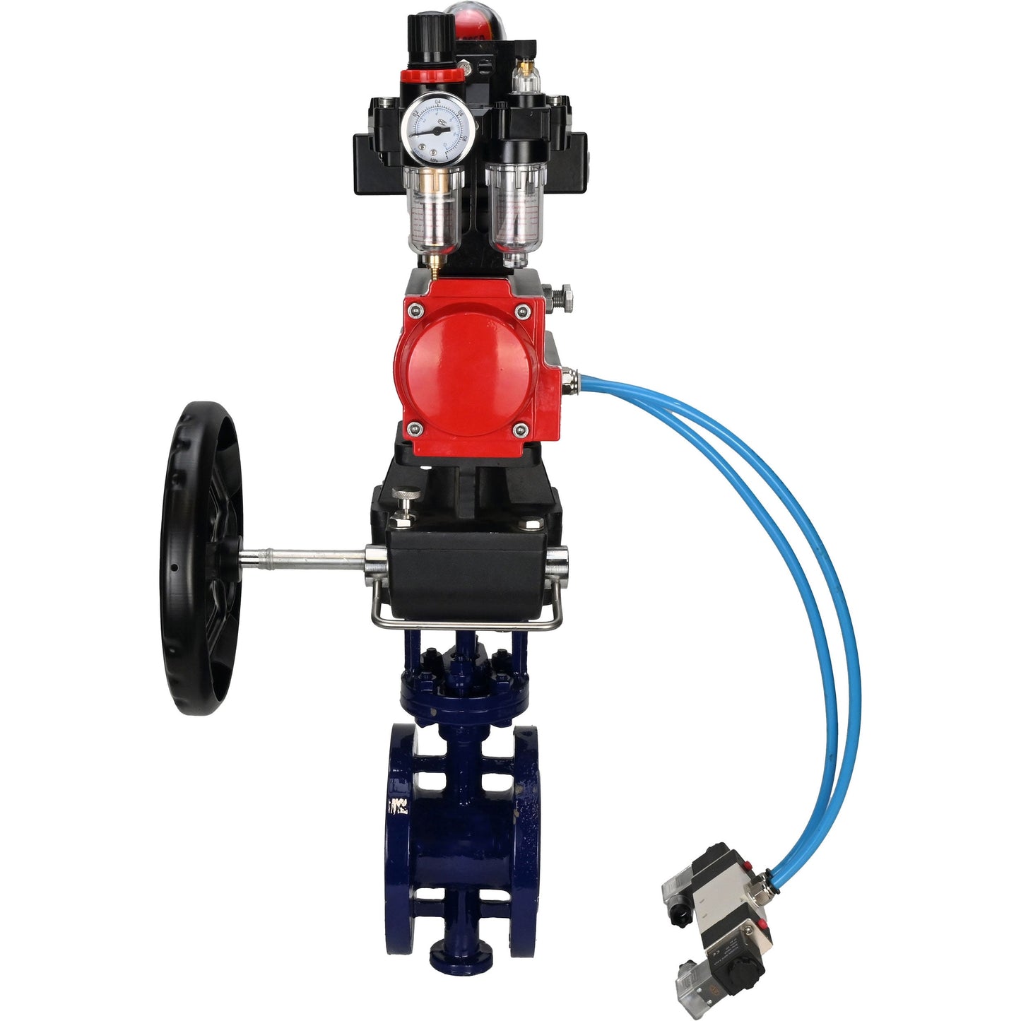 Water Butterfly Valve DNOVA WBV3EX-3432M-1W-F-ISO, body material - Carbon steel, disk material - Stainless steel AISI 316, seal - Metal, pneumatic actuator PA-DA double action, 4V320-08 220V, LSU APL-410N EX, handwheel MON, ATU AFC2000