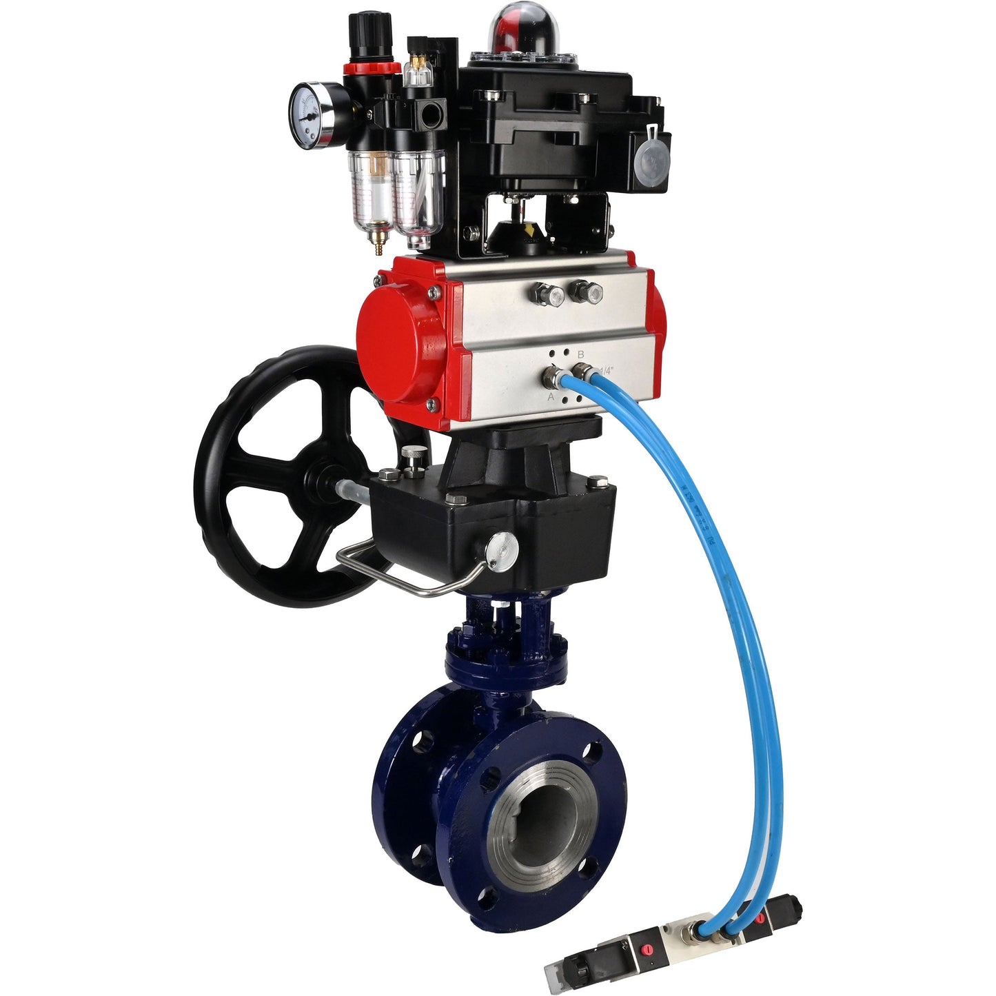 Water Butterfly Valve DNOVA WBV3EX-3432M-1W-F-ISO, body material - Carbon steel, disk material - Stainless steel AISI 316, seal - Metal, pneumatic actuator PA-DA double action, 4V320-08 220V, LSU APL-410N EX, handwheel MON, ATU AFC2000