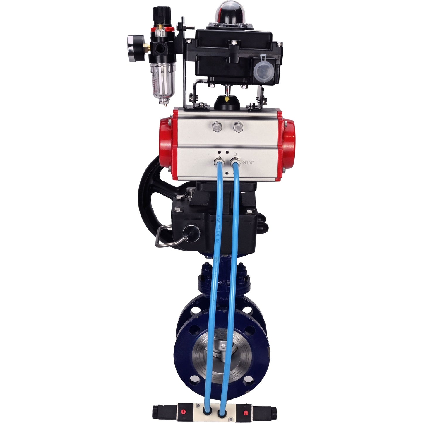 Water Butterfly Valve DNOVA WBV3EX-3432M-1W-F-ISO, body material - Carbon steel, disk material - Stainless steel AISI 316, seal - Metal, pneumatic actuator PA-DA double action, 4V320-08 220V, LSU APL-410N EX, handwheel MON, ATU AFC2000