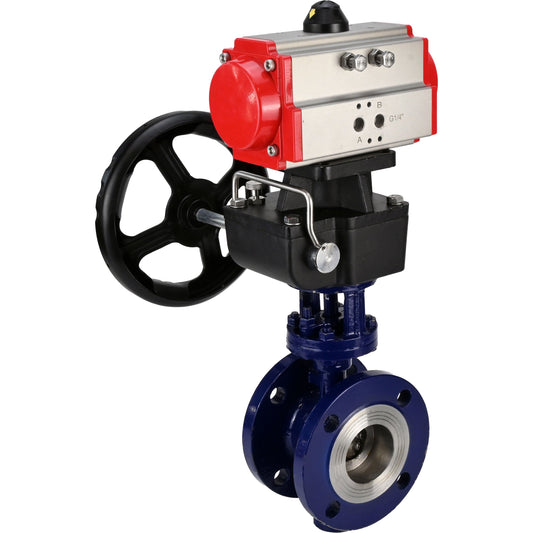 Water Butterfly Valve DNOVA WBV3EX-3431M-1W-F-ISO, body material - Carbon steel, disk material - Stainless steel AISI 304, seal - Metal, pneumatic actuator PA-DA double action handwheel MON,