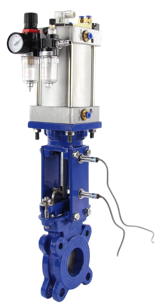 Knife Gate Valve wafer type DNOVA WCB-SS304-1W-DA PSI145 METAL Class 125 with pneumatic actuator, 4V210-08 110/220V pneumatic solenoid valve, LJ12A3-4-J/EZ 110/220V inductive sensors and AFC2000 air filter