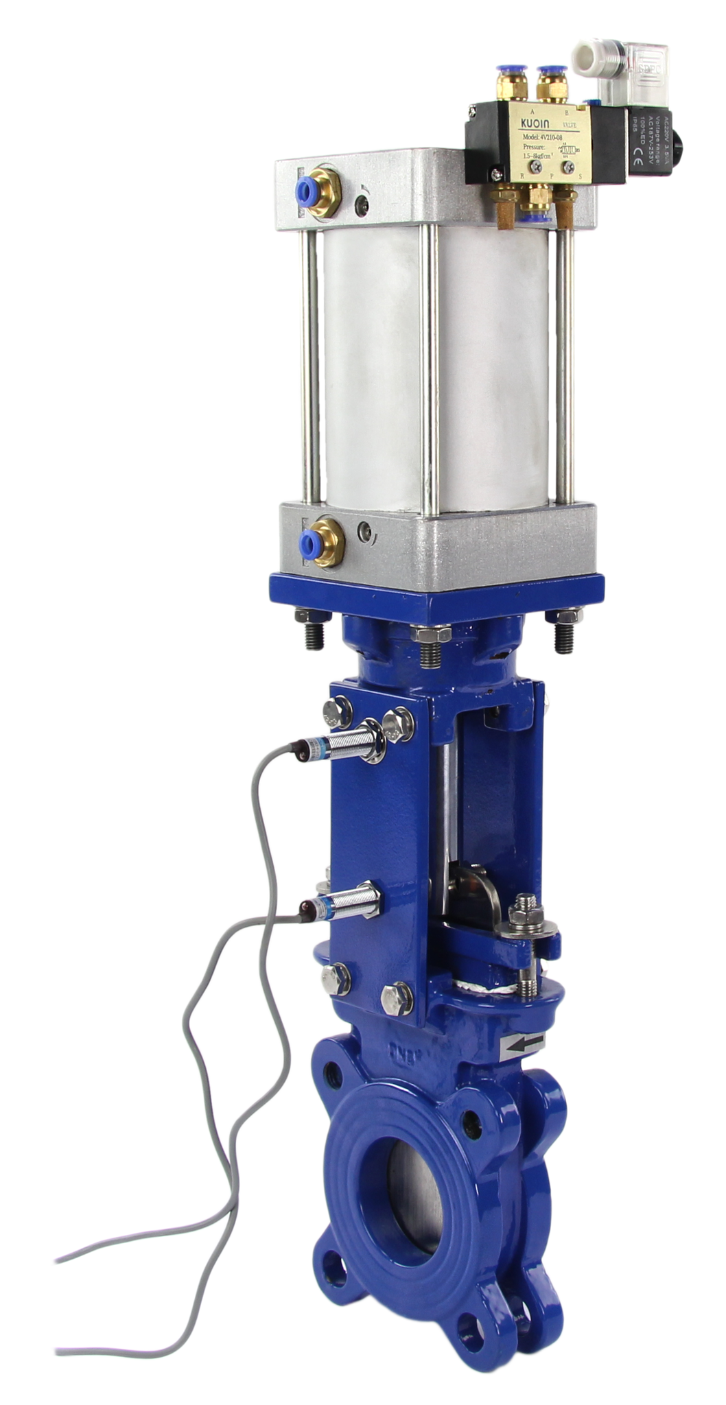 Knife Gate Valve wafer type DNOVA WCB-SS304-1W-DA PSI145 METAL Class 125 with pneumatic actuator, 4V210-08 KUOIN 24V pneumatic solenoid valve and LJ12A3-4-J/EZ 24V inductive sensors