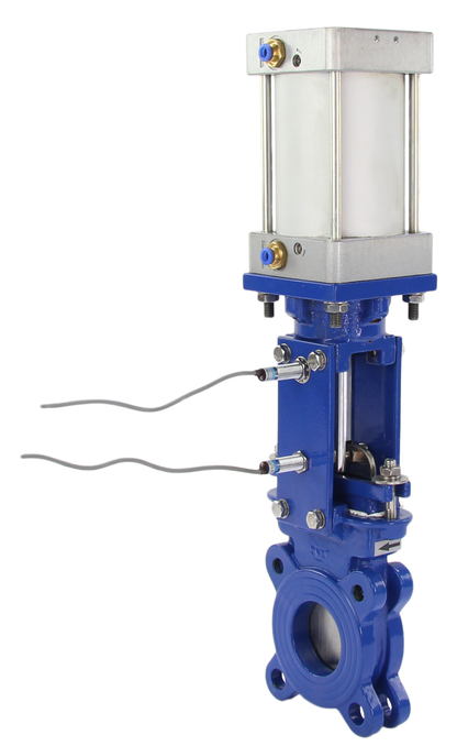 Knife Gate Valve wafer type DNOVA WCB-SS304-1W-DA PSI145 METAL Class 125 with pneumatic actuator, 4V210-08 KUOIN 24V pneumatic solenoid valve and LJ12A3-4-J/EZ 24V inductive sensors