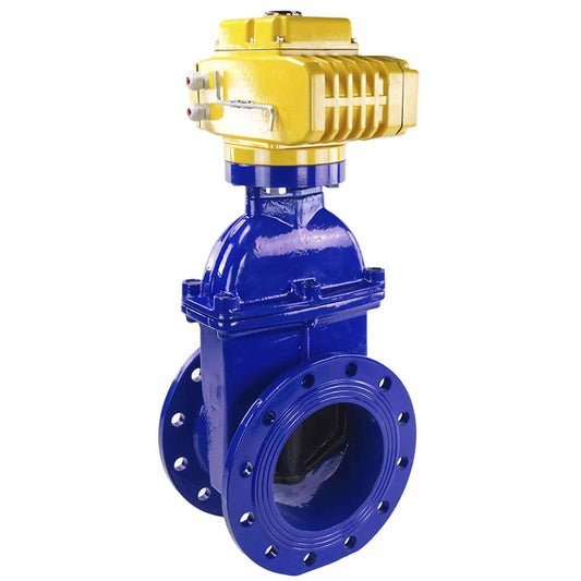 Wedge gate valve DNOVA GVWN1414E-2W-F flange connection, body material - cast iron GGG50, wedge material - rubber, seal - EPDM, color - blue, with a non-rising spindle, electric actuator DNOVA MT-200-220, 220V