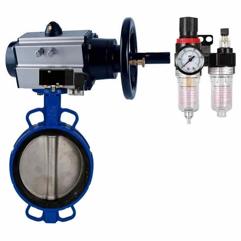 صمام فراشة الماء DNOVA WBV1432E-2W-Fb مادة الهيكل - حديد زهر GGG50/EN-GJS-500-7، مادة القرص - فولاذ مقاوم للصدأ AISI 316L/1.4404، مانع التسرب - EPDM مع مشغل هوائي مزدوج الفعل PA-DA-105-1، موزع هوائي 4M310-08، فاصل مياه