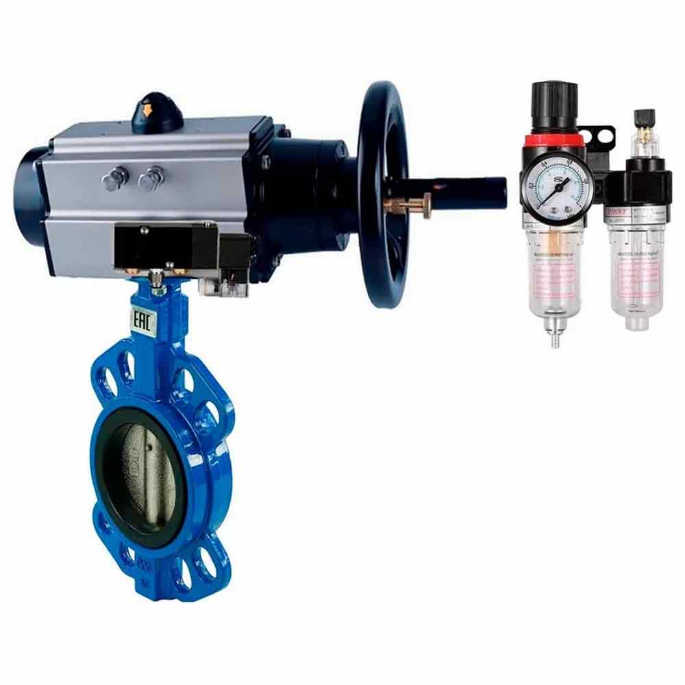 صمام فراشة الماء DNOVA WBV1132N-2W-Fb مادة الهيكل - حديد زهر GG25/EN-GJL-250، مادة القرص - فولاذ مقاوم للصدأ AISI 316L/1.4404، مانع تسرب - NBR مع مشغل هوائي مزدوج الفعل PA-DA-105-1، موزع هوائي 4M310-08، فاصل مياه