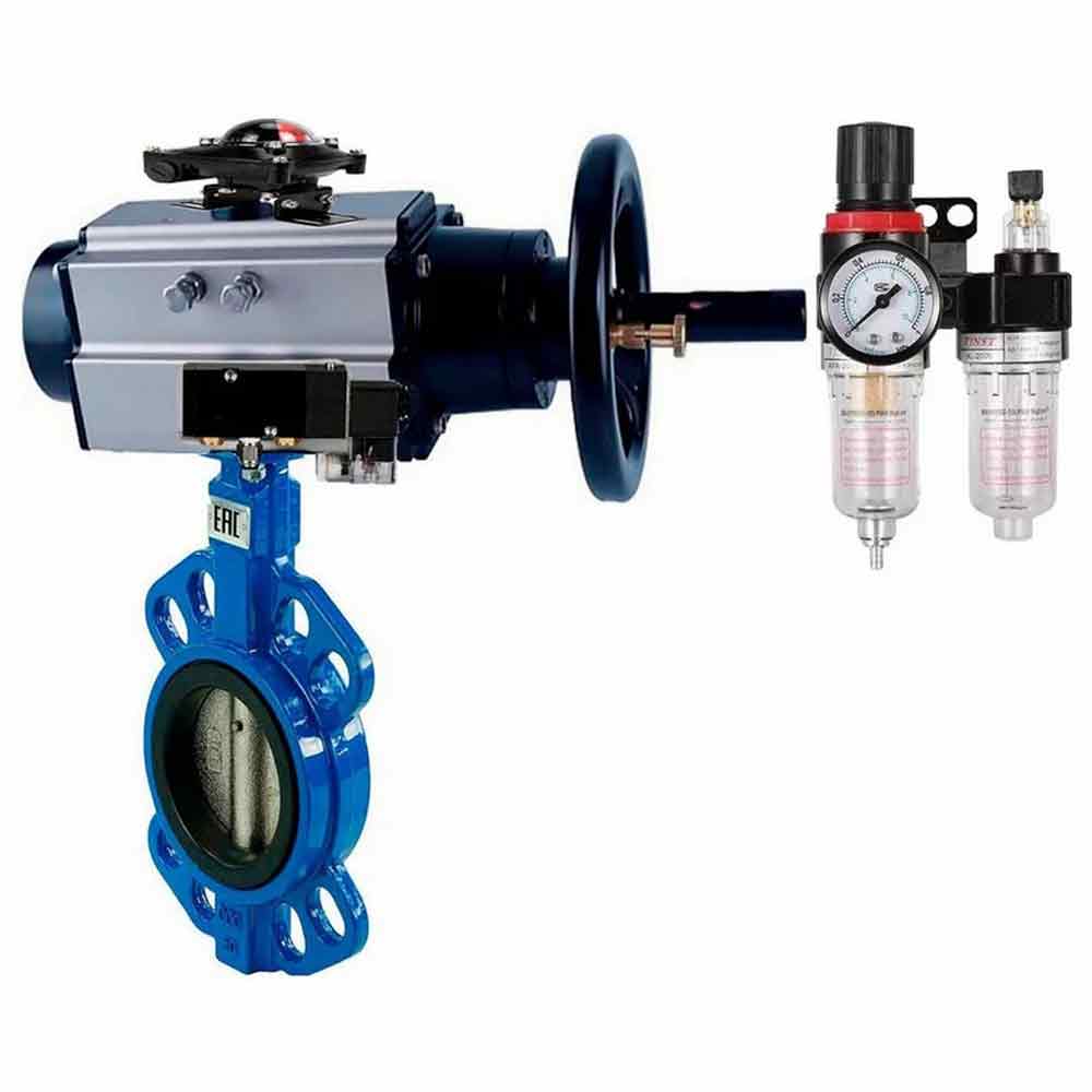 صمام فراشة الماء DNOVA WBV1132N-2W-Fb مادة الهيكل - حديد زهر GG25/EN-GJL-250، مادة القرص - فولاذ مقاوم للصدأ AISI 316L/1.4404، مانع تسرب - NBR مع مشغل هوائي مزدوج الفعل PA-DA-105-1، موزع هوائي 4M310-08، مفتاح حد