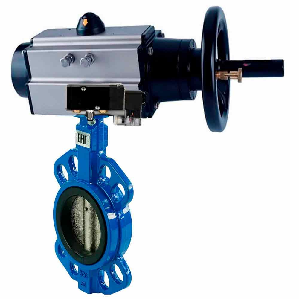 صمام فراشة الماء DNOVA WBV1432N-2W-Fb مادة الهيكل - حديد زهر GGG50/EN-GJS-500-7، مادة القرص - فولاذ مقاوم للصدأ AISI 316L/1.4404، مانع تسرب - NBR مع مشغل هوائي مزدوج الفعل PA-DA-105-1، موزع هوائي 4M310-08